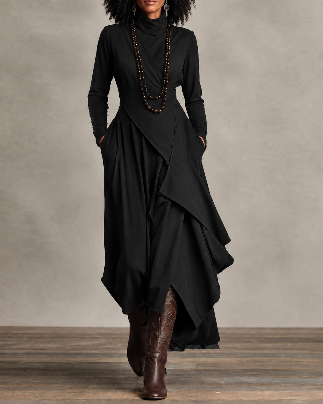 Women Turtleneck Long Sleeve Midi Dress