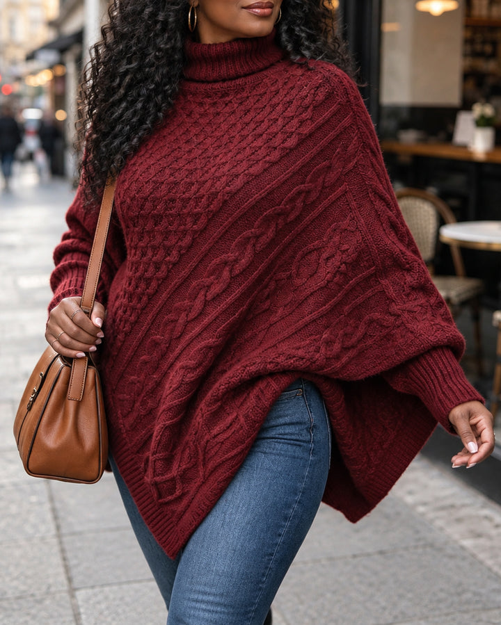 Turtleneck Batwing Sleeve Asymmetric Hem Chunky Knit Pullover