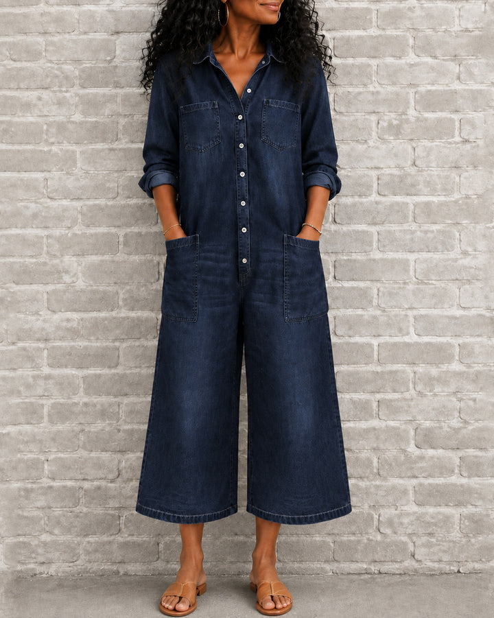 Women's Long Sleeve Button Down Collared Wide Leg Denim Jumpsuit