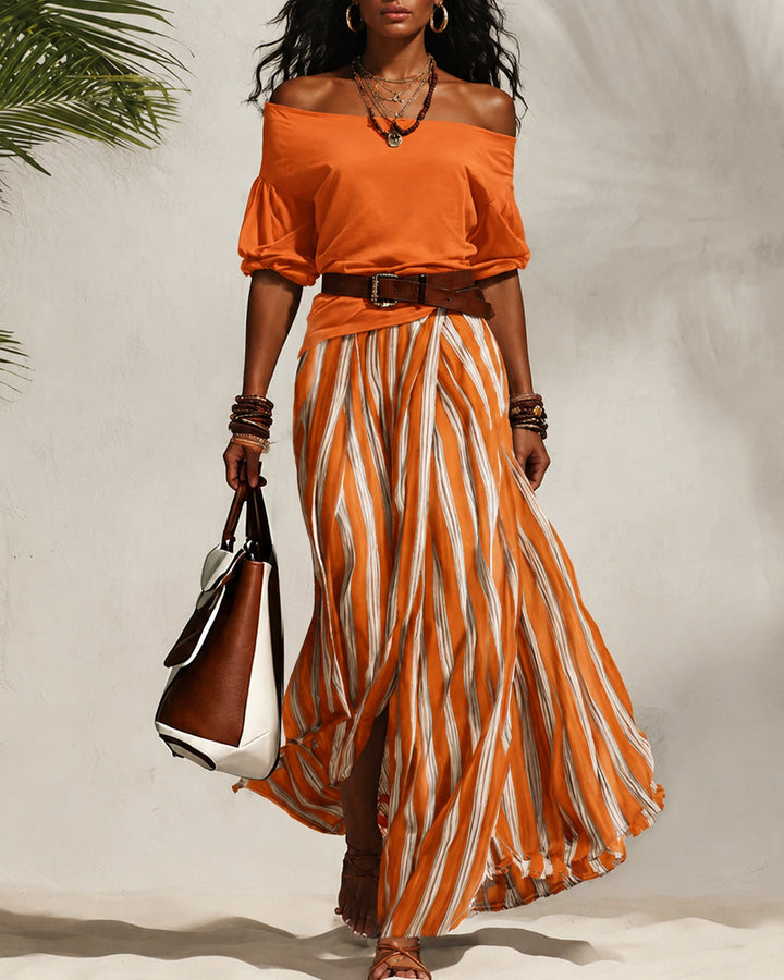 Off Shoulder Puff Sleeve Top & Striped Midi Skirt Two-Piece Set Includes Belt