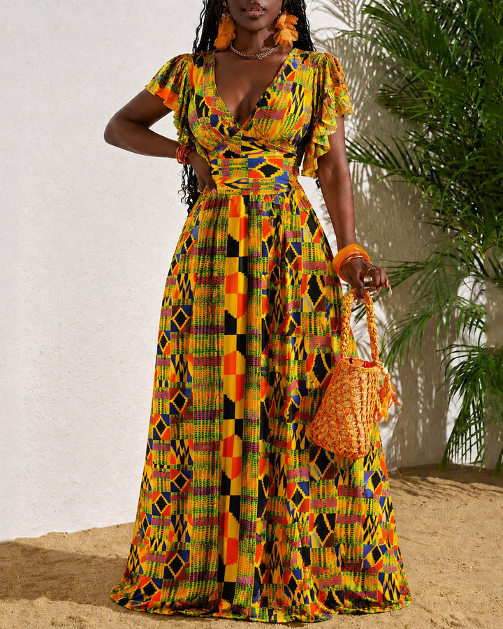 Classic Ankara Color Blocking V-Neck Lace Trim Flared Sleeve Full Swing Maxi Dress