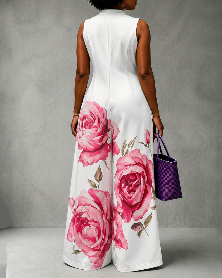 High Waisted Loose Flower Print Pleated Pockets Round-Neck Jumpsuits