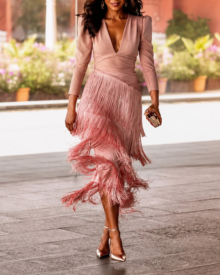 Deep V‑Neck Puff Shoulder Long Sleeve Fringe Slit Maxi Evening Dress