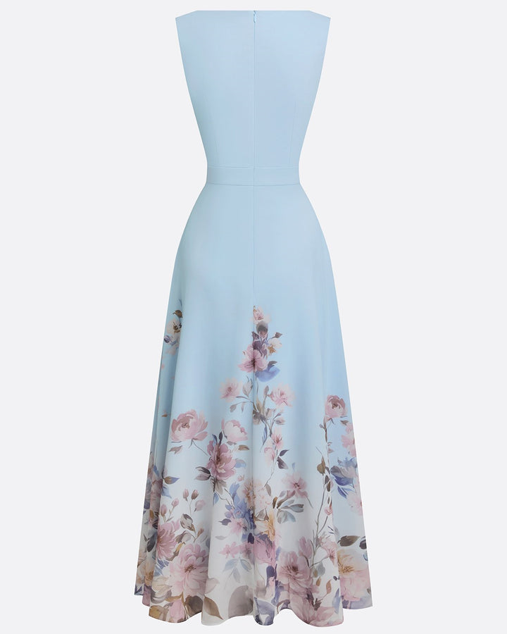 Light Blue Floral Chiffon V Neck Sleeveless A-Line Maxi Dress