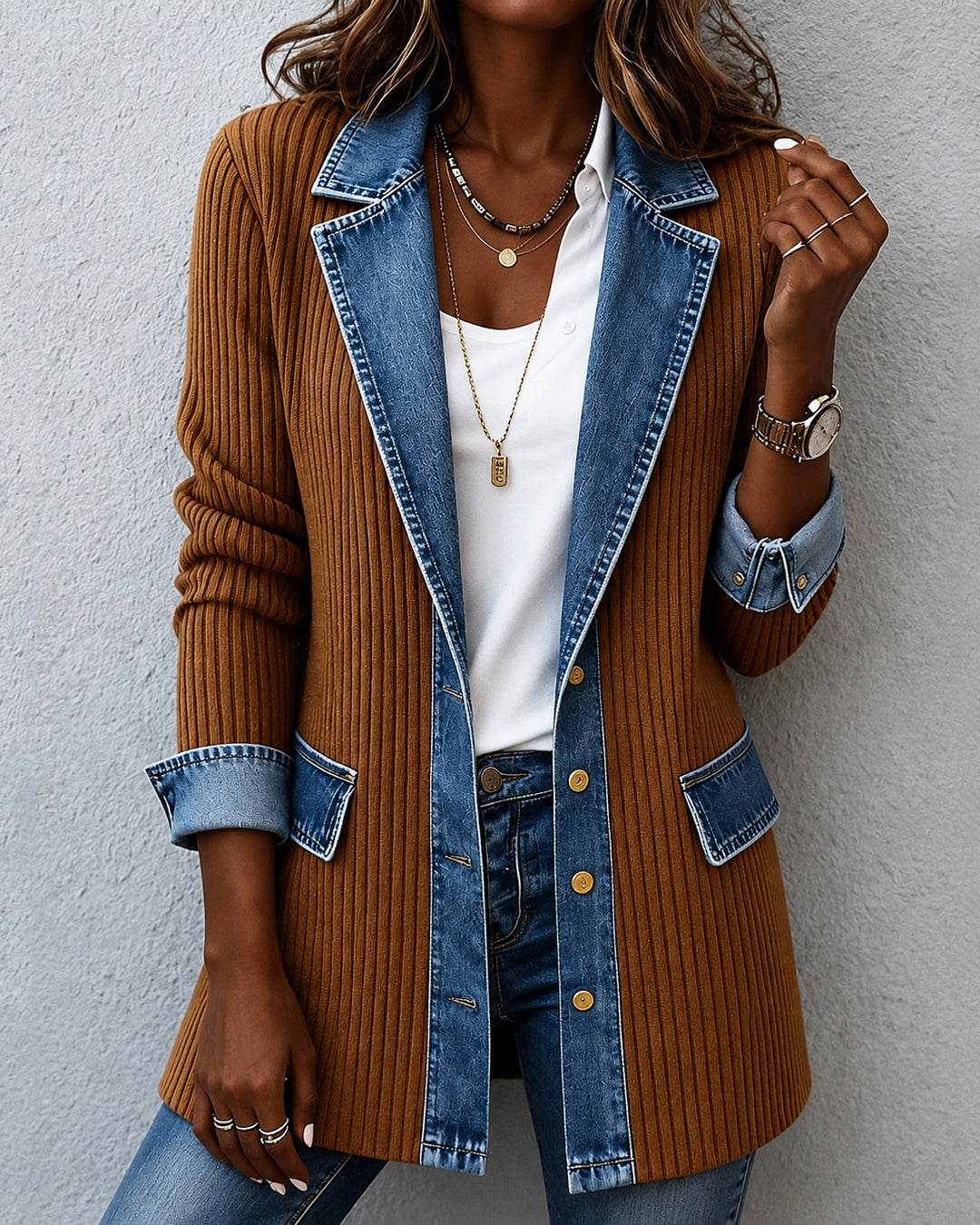 Denim-look Stretch Ribbed Knit Jacket