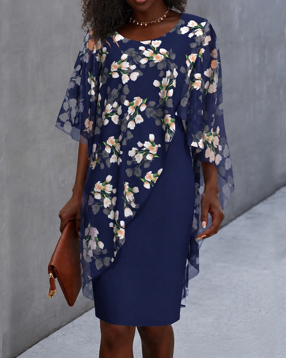 Floral Print Chiffon 2-Piece Set Crew Neck Mini Dress
