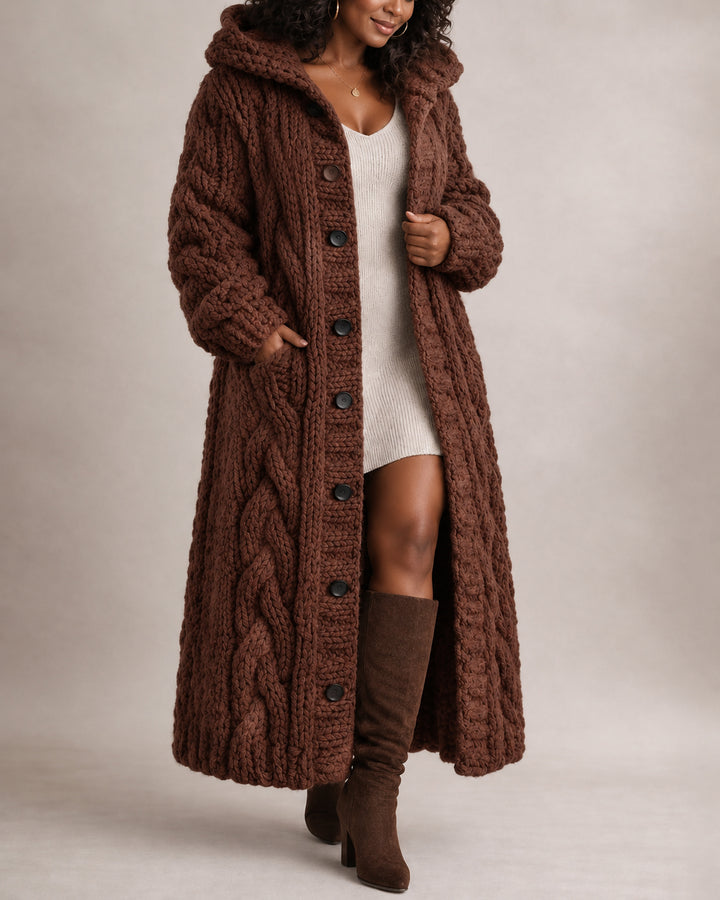 Women's Chunky Cable Knit Oversized Long Sleeve Button Down Hooded Cardigan