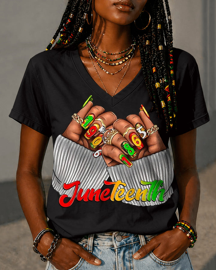 100% Cotton Juneteenth Fun Nail Art Finger Prints V Neck Short Sleeve Tshirt