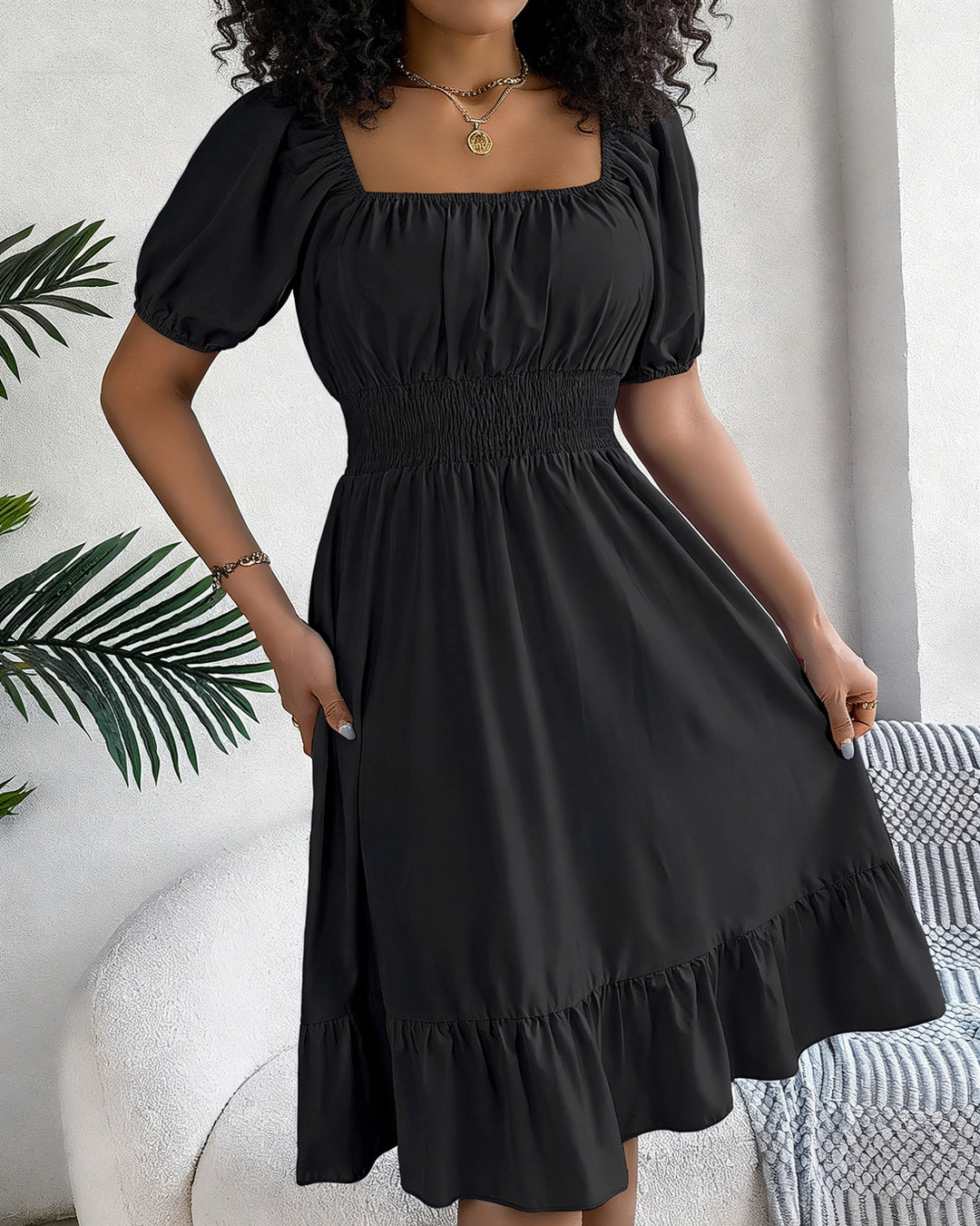 Square Neck Waist Ruffle A-Line Dress