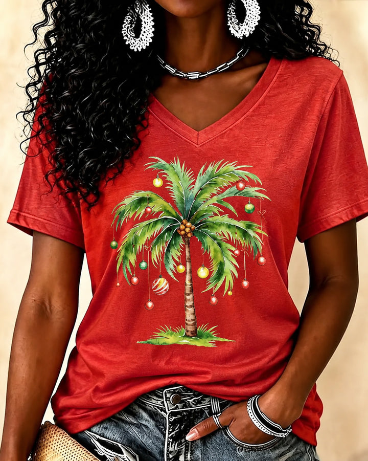 Coconut Tree Christmas Tree V Neck Short Sleeve Tshirt