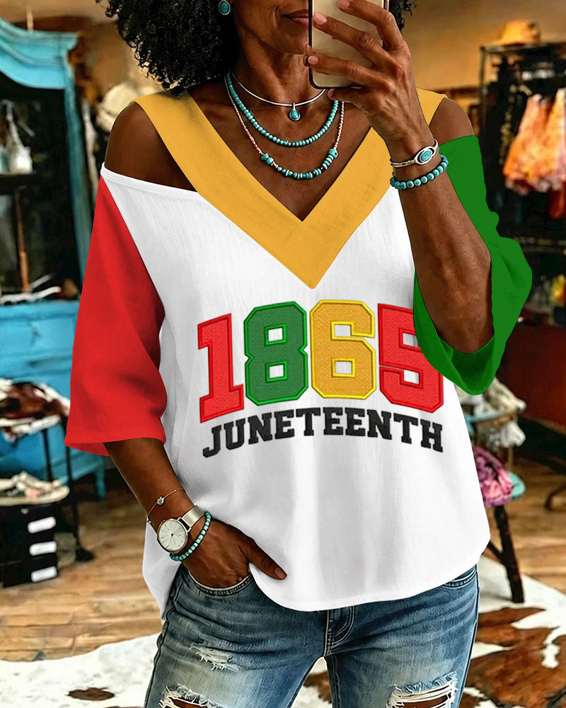 1865 Color Blocking Off-shoulder Patchwork Casual Shirt
