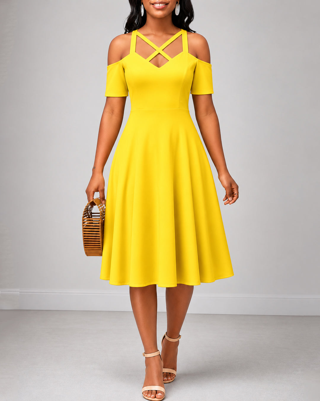 Solid Color Cross Cut V-neck Midi Dress