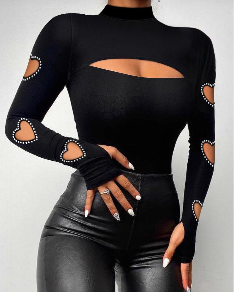 Women's Mock Neck Rhinestone Heart Cutout Long Sleeve Top