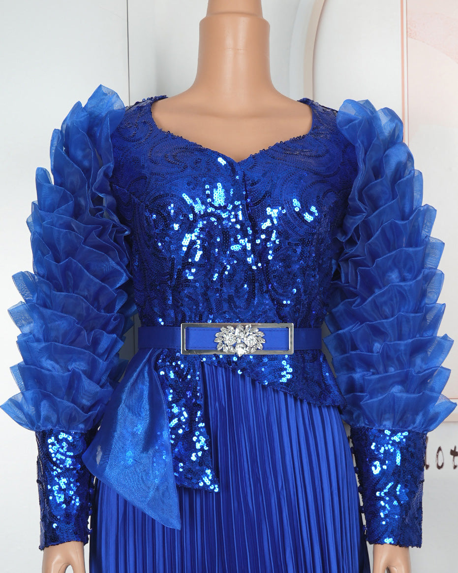 Plus Size Ruffle Long Sleeve Jacquard Pleated Satin Maxi Dress