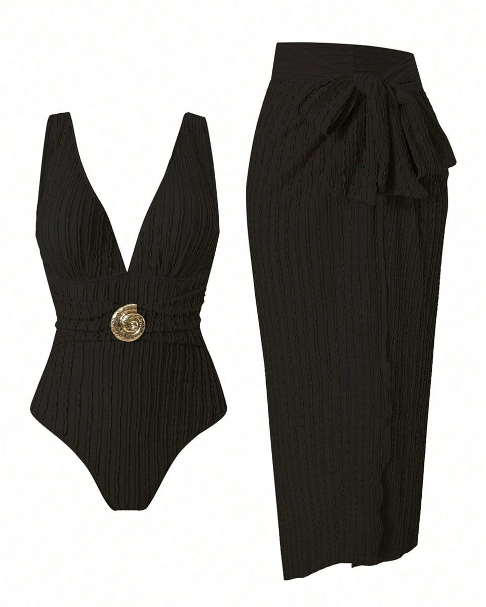 Deep V-neck Retro Swimsuit and Beach Dress Set with Seashell Buckle