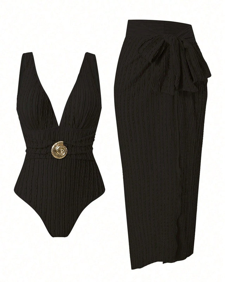 Deep V-neck Retro Swimsuit and Beach Dress Set with Seashell Buckle