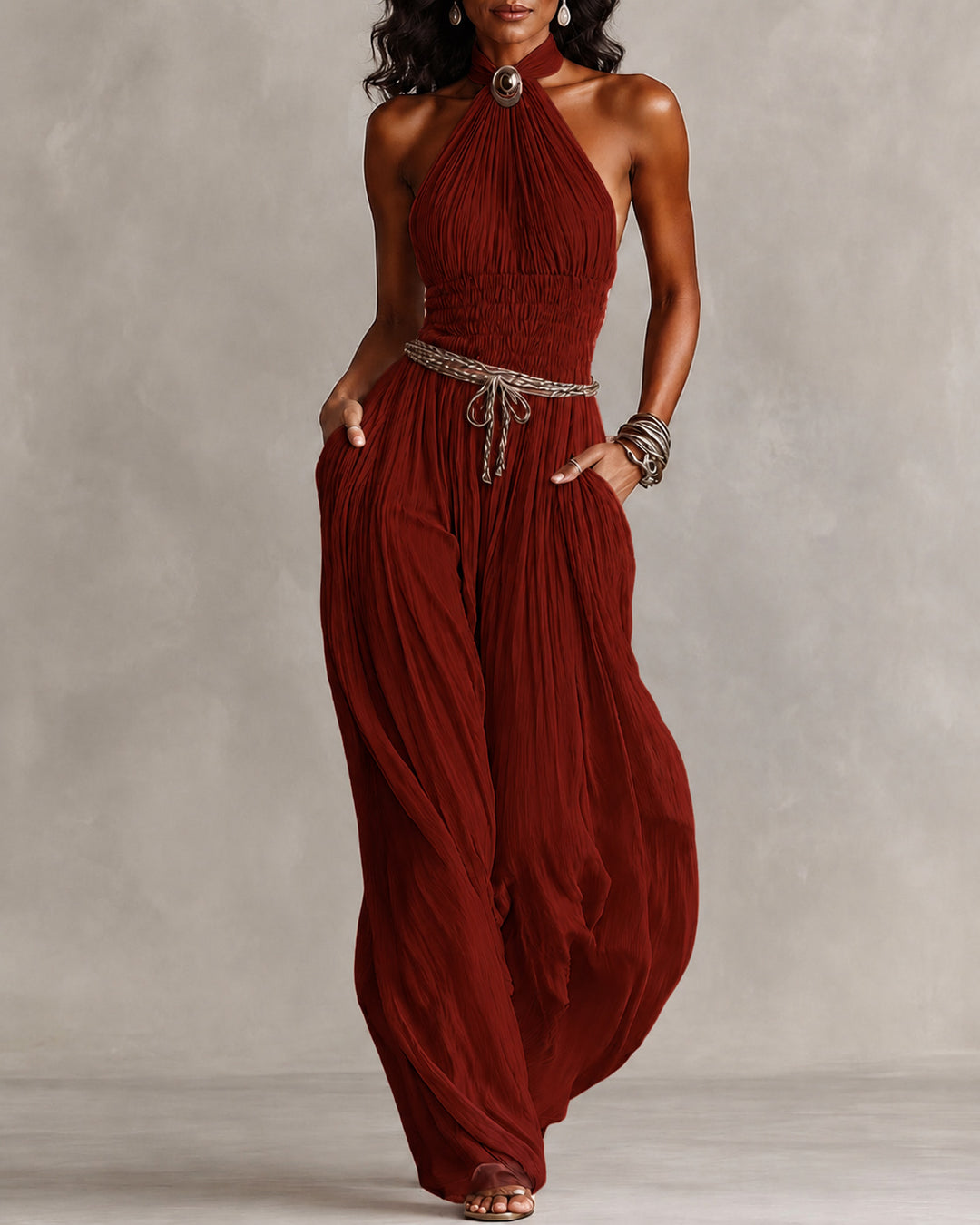 Bohemian Halter Neck Wide-Leg Jumpsuit