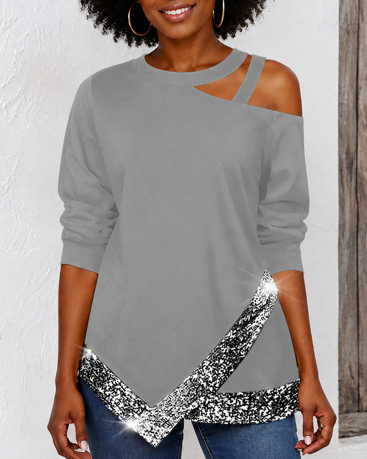 Off-shoulder Irregular Sequined Long-sleeved Casual Top