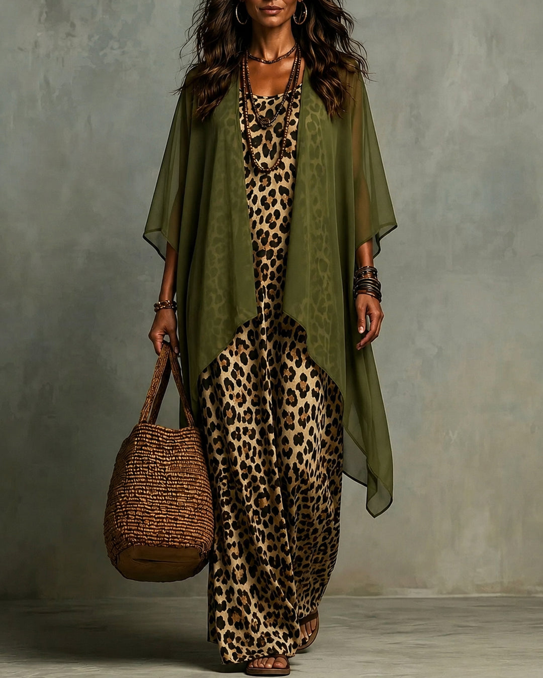 Boho Leopard Print Maxi Dress With Chiffon Kimono 2‑Piece Outfit