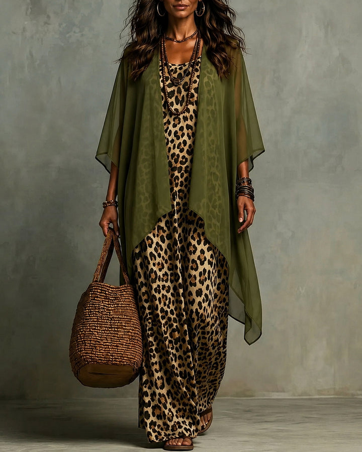 Boho Leopard Print Maxi Dress With Chiffon Kimono 2‑Piece Outfit