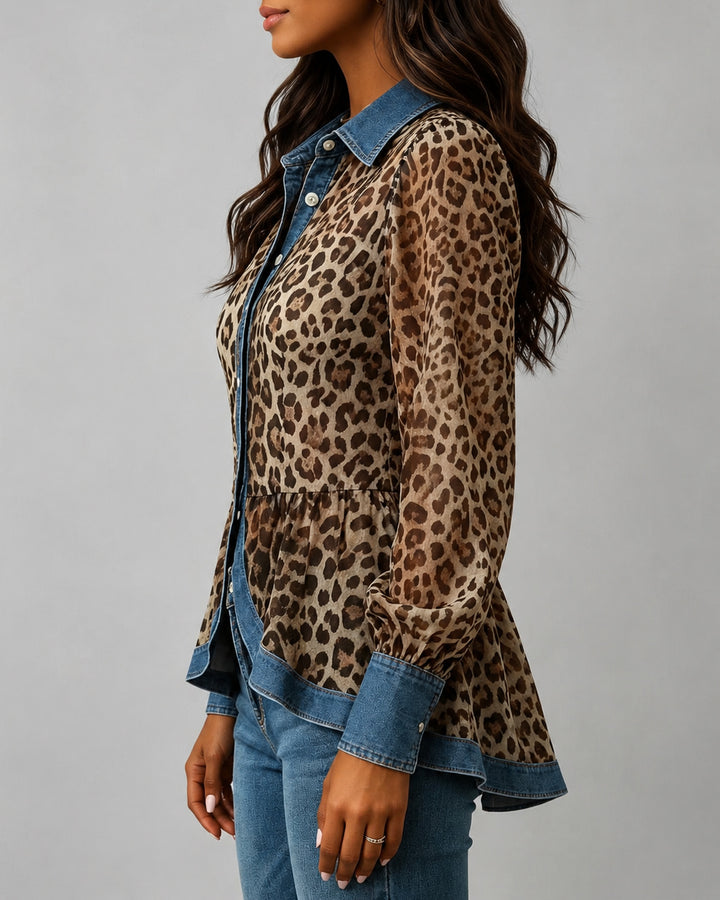 Denim Patchwork Leopard Print Button Jacket
