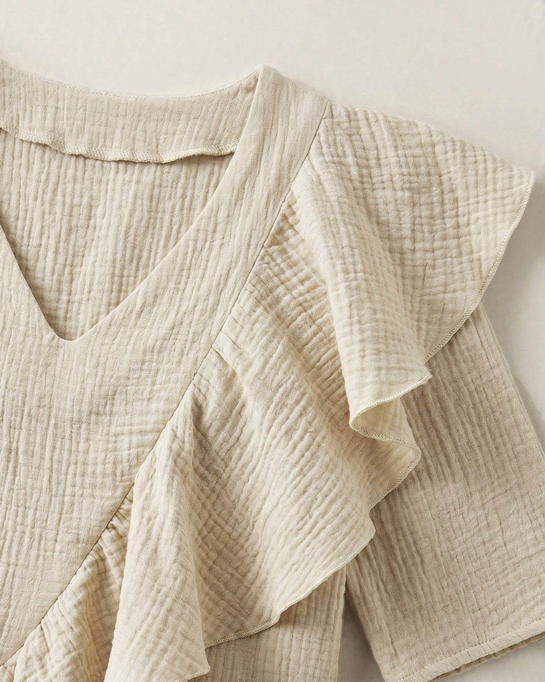 Cotton Linen V-neck Ruffled Loose Mid-length Sleeve Shirt
