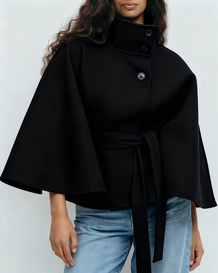 Fashion Solid Color Poncho Collar Button Belt Coat