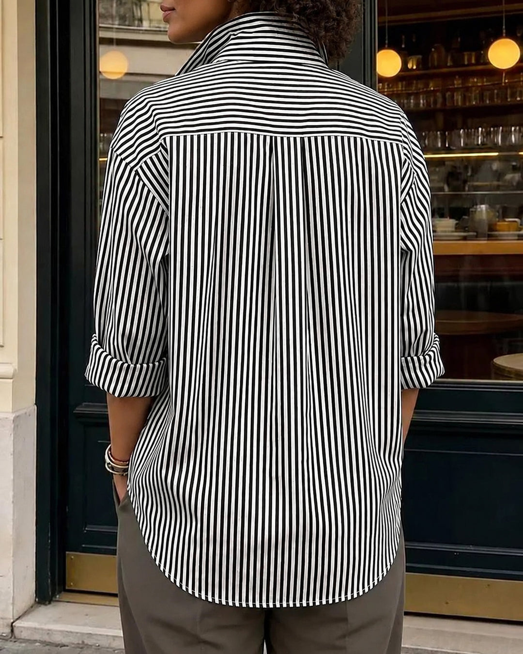 Irregular Stripes Stand Collar Long Sleeve Shirt with Metal Buttons