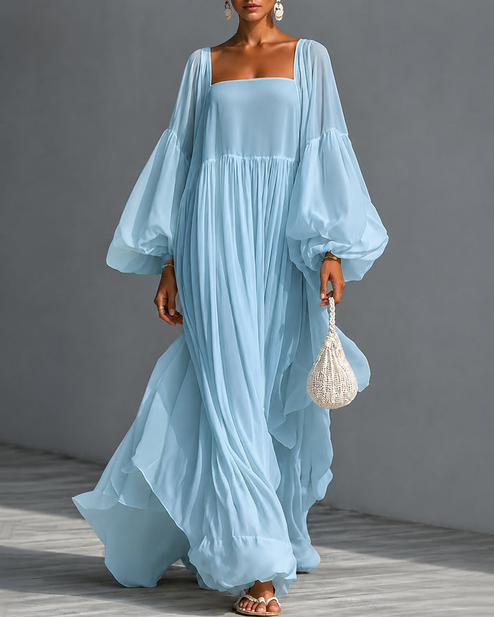 Square Neck Balloon Sleeve Chiffon Maxi Dress