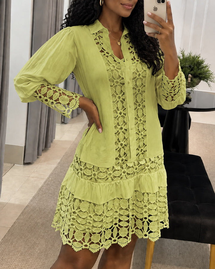 Women's Lace Patchwork Puff Long Sleeve Shirt Dress