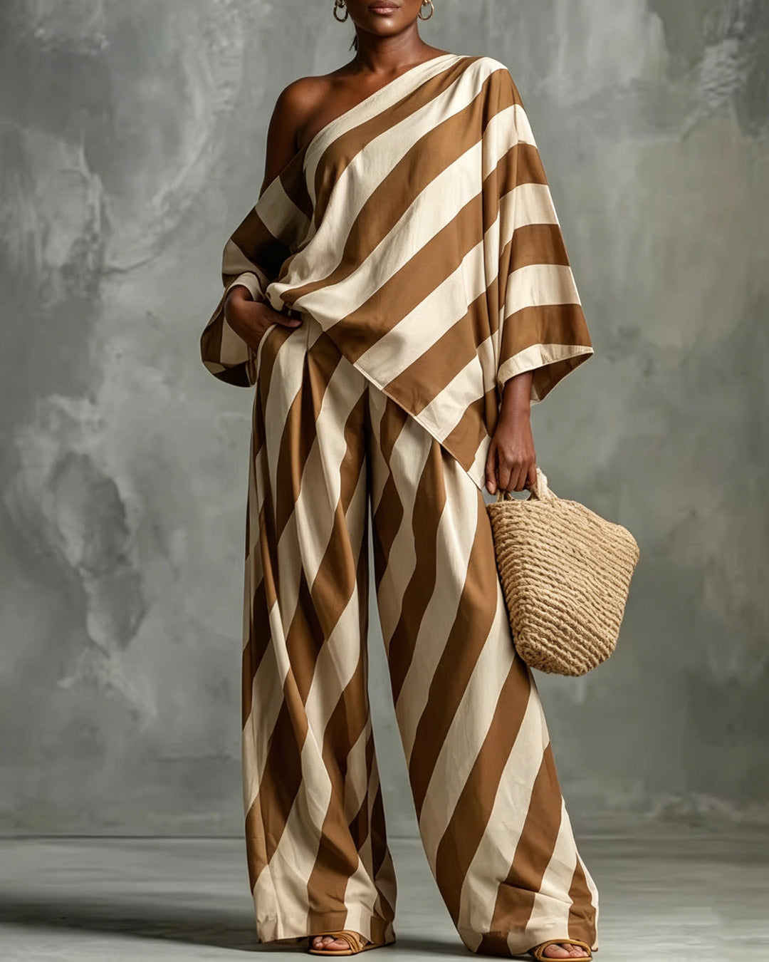 Vintage Striped Print Loose Top and Wide-leg Pants Set
