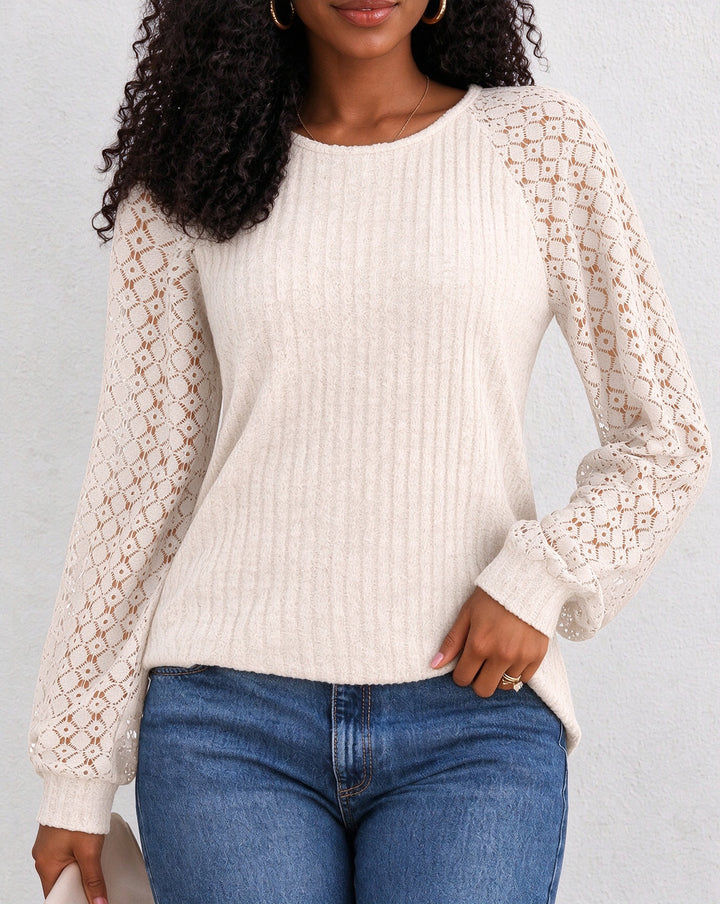 Women's Ribbed Knit Round Neck Raglan Lace Long Sleeve Top