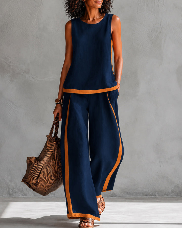 Simple Striped Crew Neck Sleeveless Top & Wide Leg Pants Two Piece Set