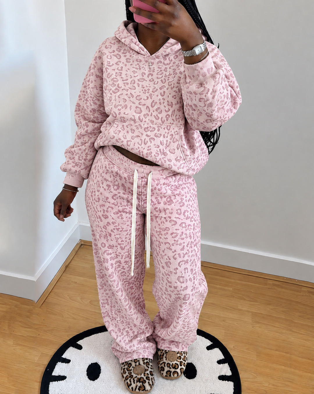 Retro Leopard-print Hooded Sweatshirt and Wide-leg Trousers Two-piece Set