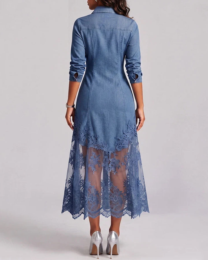Elegant Sophisticated Denim Dress With A Lace Hem