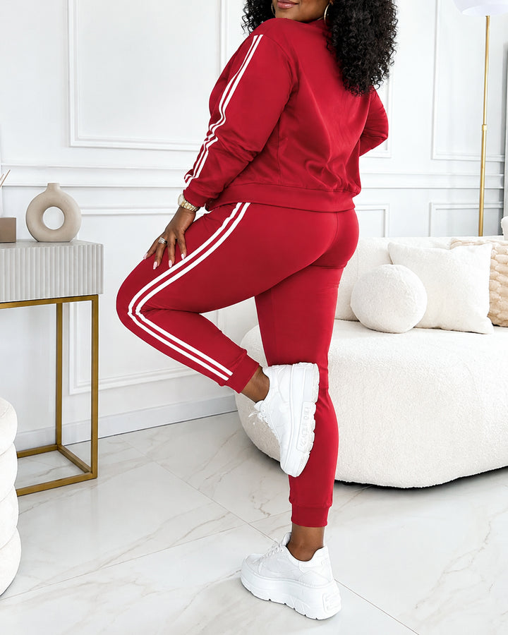 Women's 3 Piece Outfit Set Striped Sleeve Bomber Jacket Cami Top & Drawstring Jogger Pants Casual Tracksuit