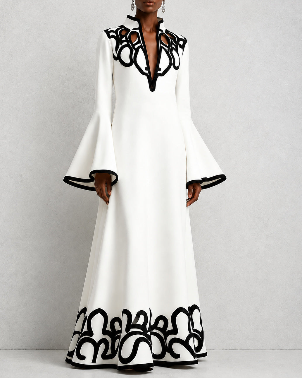 Flared Sleeves Loose Contrast Color Hollow Stand Collar Maxi Dresses