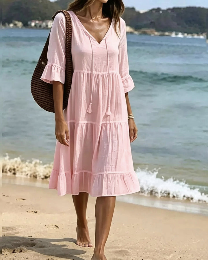 Solid Color Cotton Linen Tiered V-Neck Tie Waist A-Line Dress