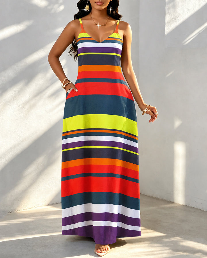 Irregular Abstract Color-blocked Stripes Print Pocket Maxi Dress