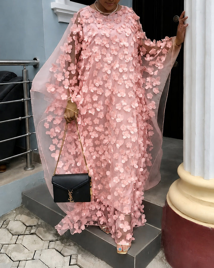 3D Floral Applique Sheer Mesh Batwing Sleeve Loose Oversized Formal Party Gow