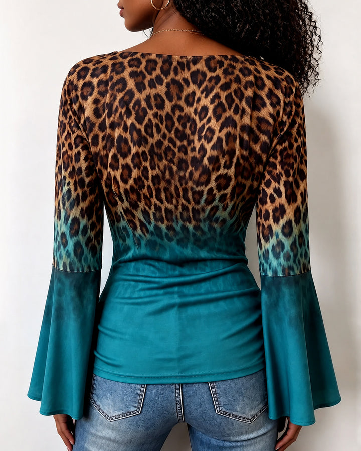 Cowl Neck Leopard Gradient Tie‑Dye Long Bell Sleeve Top