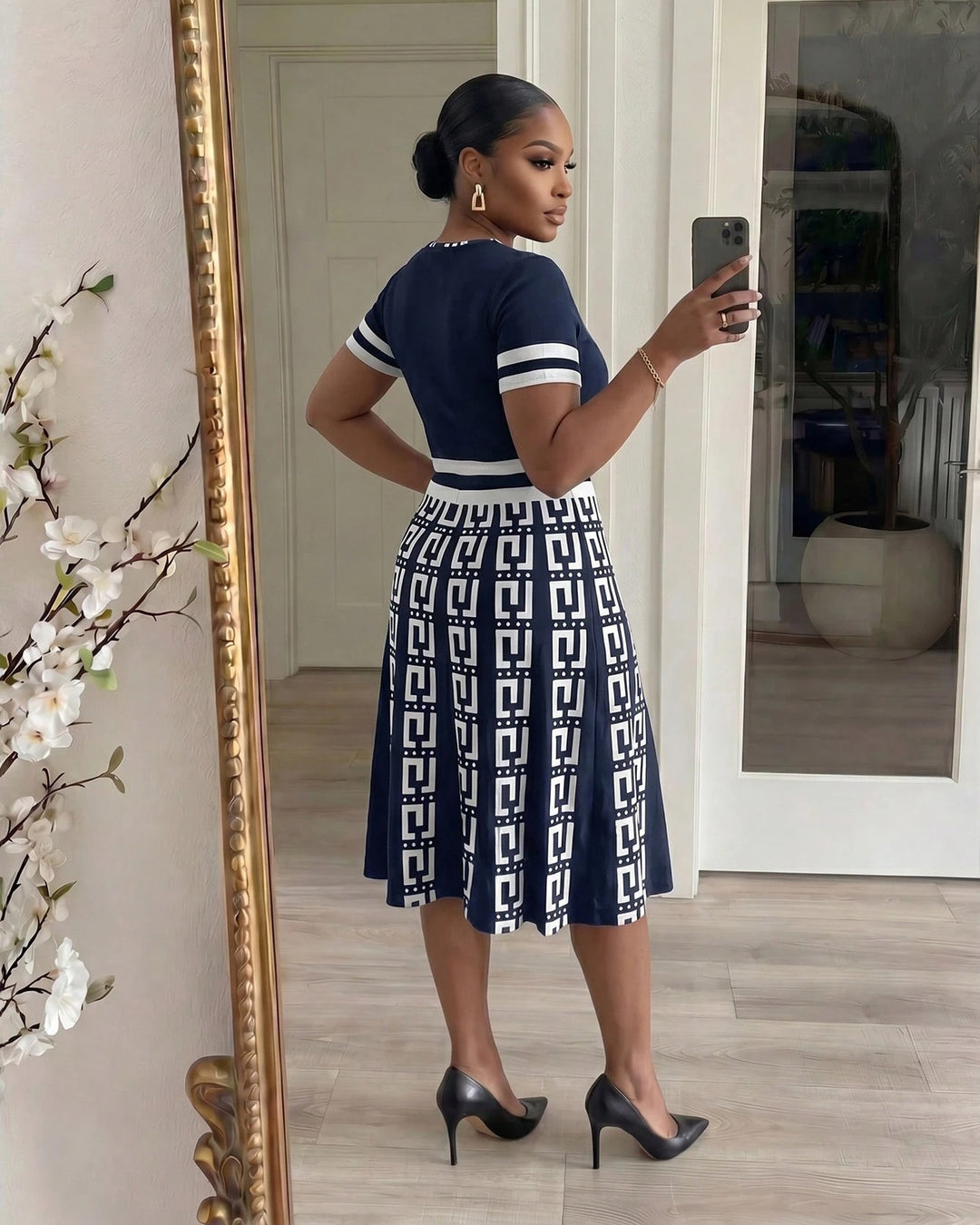 Navy Blue Playful Geometric Stripes Round Neck Long Sleeves Midi Dress