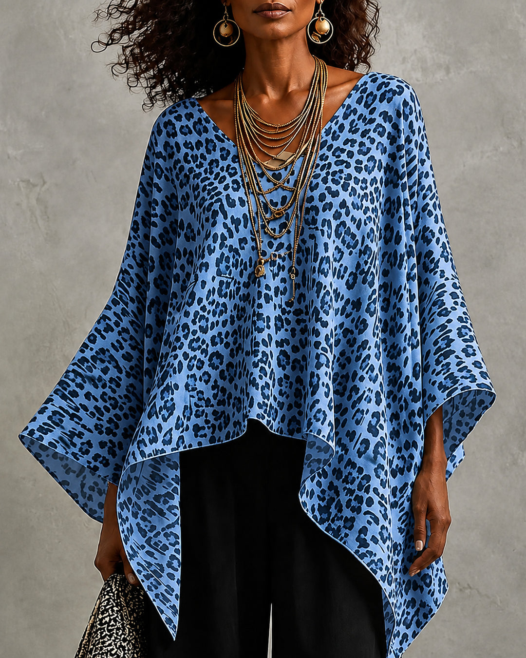 V-neck Irregular Leopard Print Batwing Sleeve Loose Top