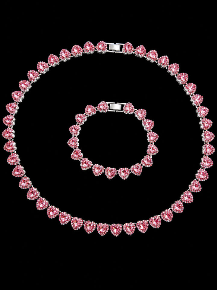 2Pieces/Set Bling Bling Love Heart Shape Chain Necklace and Bracelet