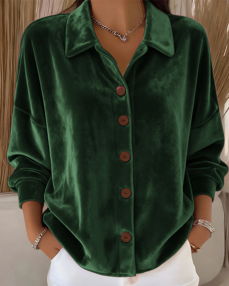 Lapel Button-down Long Velvet Sleeve Blouse