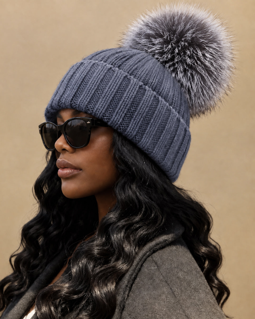 Women Ribbed Knit Beanie Hat with Large Faux Fur Pom Pom