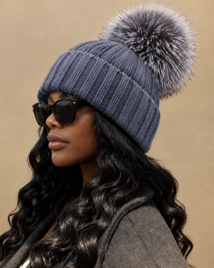 Women Ribbed Knit Beanie Hat with Large Faux Fur Pom Pom