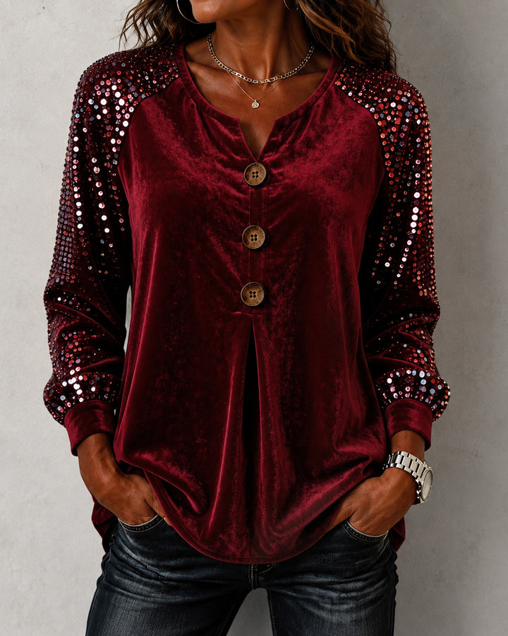 Velvet Sequin Raglan Long Sleeve Blouse
