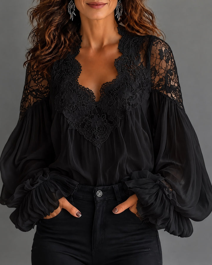 U-neck Puff Sleeve Pleated Lace-trimmed Blouses