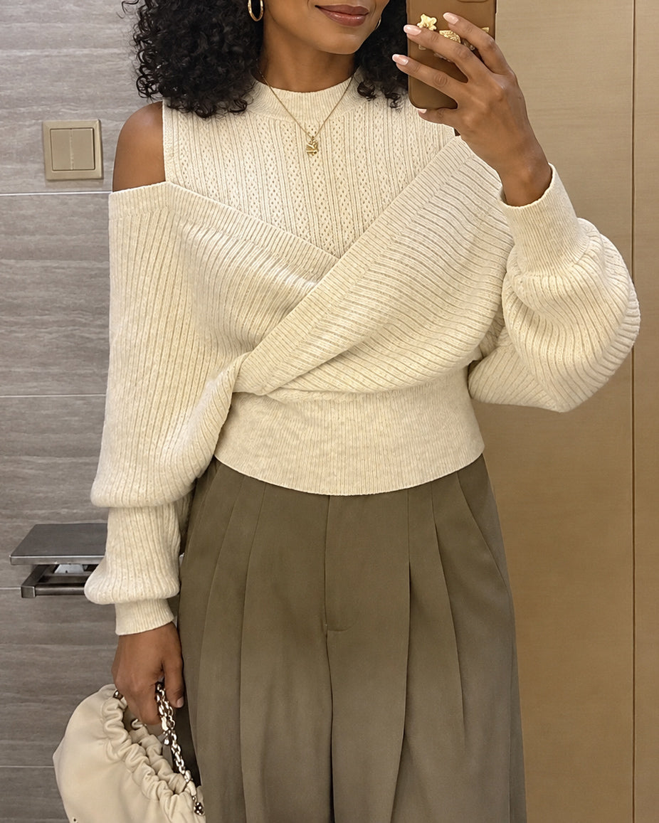 Women's Mock Neck Cold Shoulder Knit Sweater